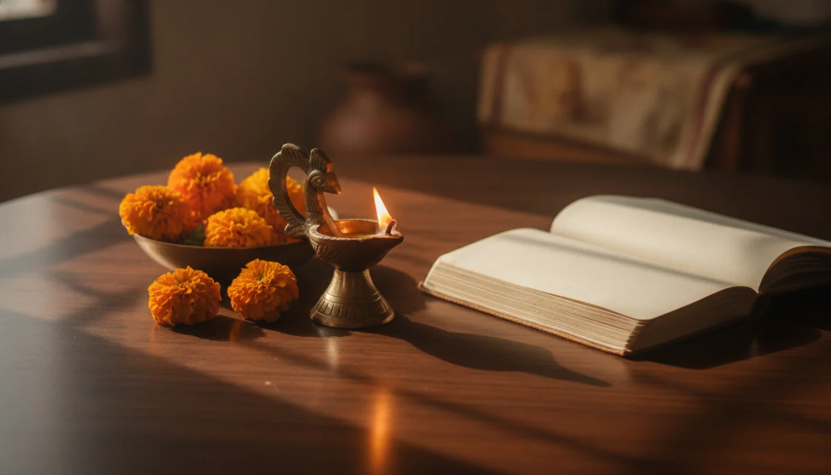 आई वडिलांवर सुविचार दर्शवणारी शांत सकाळची समयी आणि फुलांची आरास
