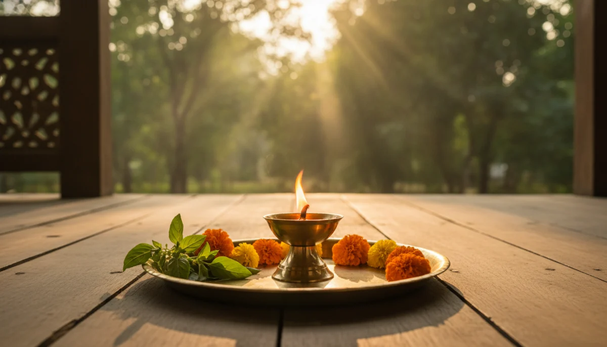 आई वडील सुविचार दर्शवणारा शांत आणि पवित्र दिवा व फुलांचा देखावा