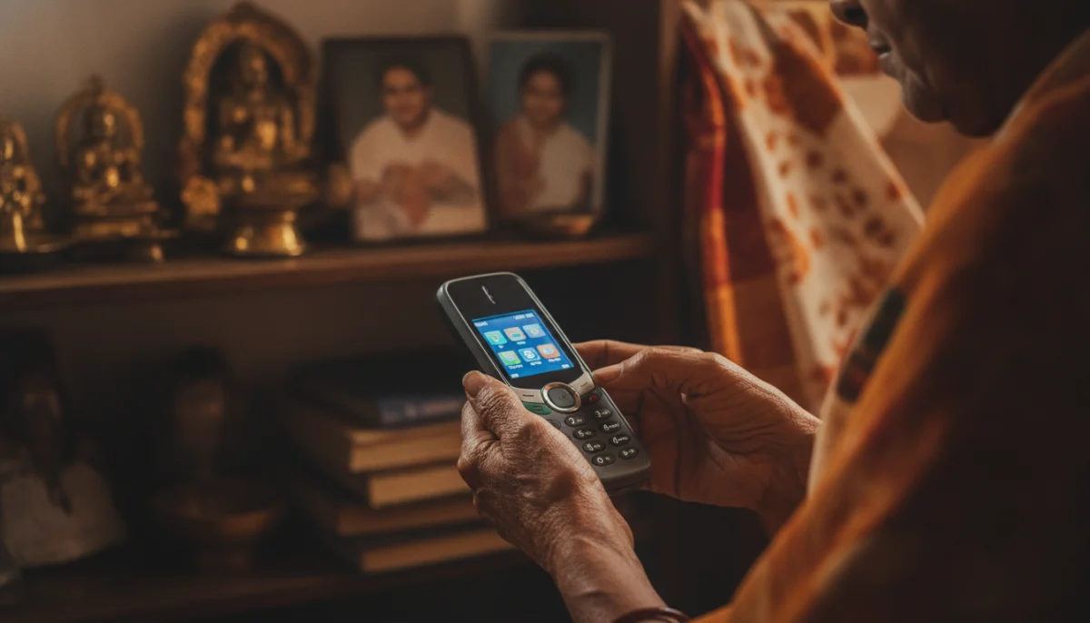 एअरटेलचे नवे रिचार्ज प्लॅन दर्शवणारा ज्येष्ठ नागरिकाच्या हातातील कीपॅड मोबाईल फोन