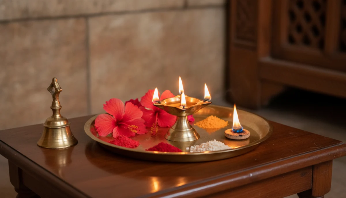 पूजेची सजवलेली पितळी थाळी, प्रज्वलित दीप आणि कापूर, अंबाबाईची आरती विधीसाठी आवश्यक साहित्य