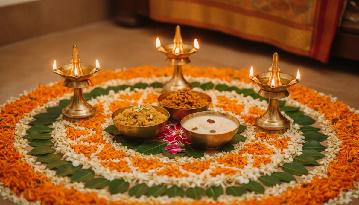 दुर्गा अष्टमी महानवमी सणानिमित्त प्रज्वलित केलेले दिवे आणि पारंपरिक नैवेद्याची सुंदर मांडणी