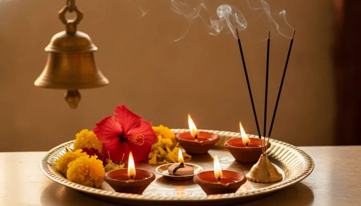 पूजा थाळीमध्ये तेवणारा दिवा आणि कापूर, गणपतीची आरती विधीसाठी सजवलेले ताट