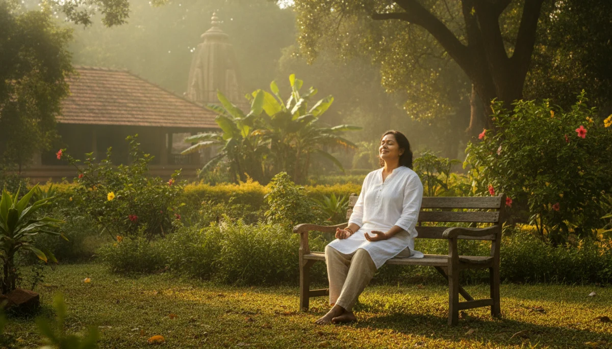 मानसिक थकवा दूर करण्यासाठी निसर्गाच्या सानिध्यात ध्यानधारणा करताना शांत दृश्य