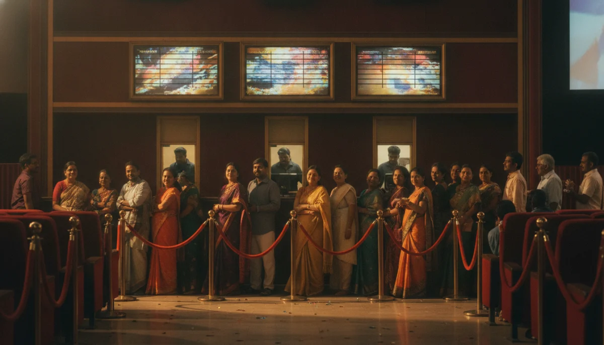 चित्रपटगृहातील तिकीट खिडकी आणि जेलर २ बॉक्स ऑफिस बुकिंगचा उत्साह दर्शवणारे दृश्य