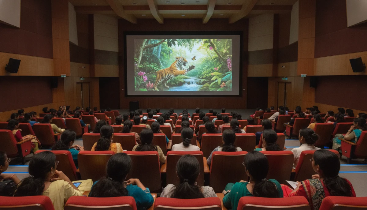 सायबर महाविद्यालयात आयोजित किर्लोस्कर वसुंधरा फिल्म फेस्टिव्हल दरम्यान लघुपट सादरीकरण