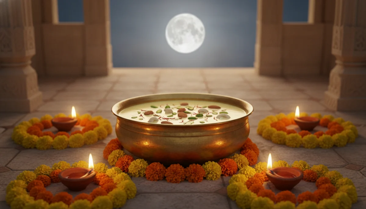 कोजागारी पौर्णिमा २०२६ निमित्त चंद्रप्रकाशात ठेवलेले पारंपरिक मसाला दूध आणि दिव्यांची आरास