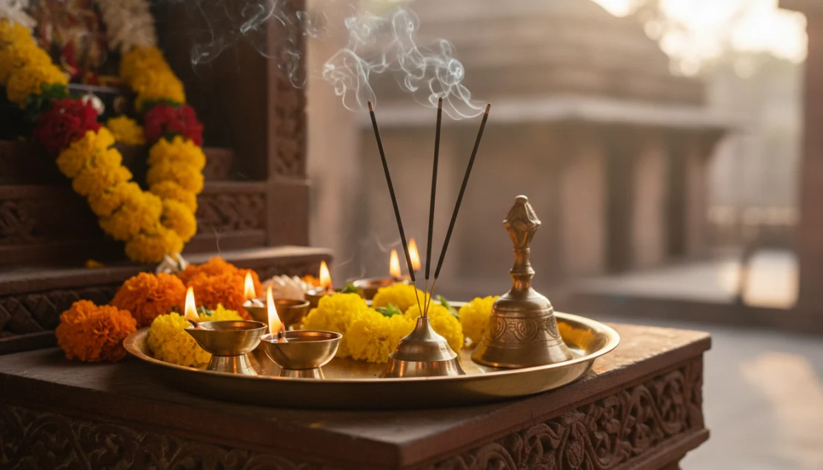 लक्ष्मीची आरती करण्यासाठी सजवलेले पारंपरिक पूजेचे ताट आणि तेवणारे दिवे