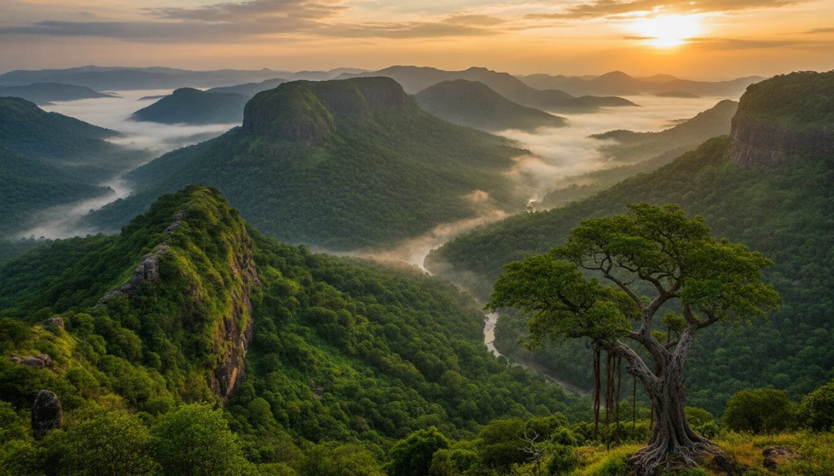महाराष्ट्र कविता दर्शवणारे सह्याद्रीच्या हिरव्यागार डोंगररांगांचे निसर्गरम्य दृश्य