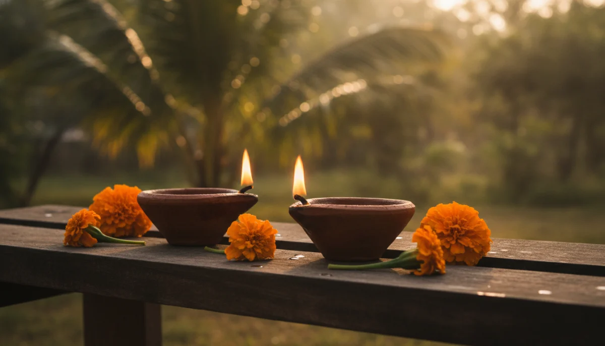 मैत्री वरील सुविचार दर्शवणारे दोन तेवणारे दिवे आणि झेंडूची फुले