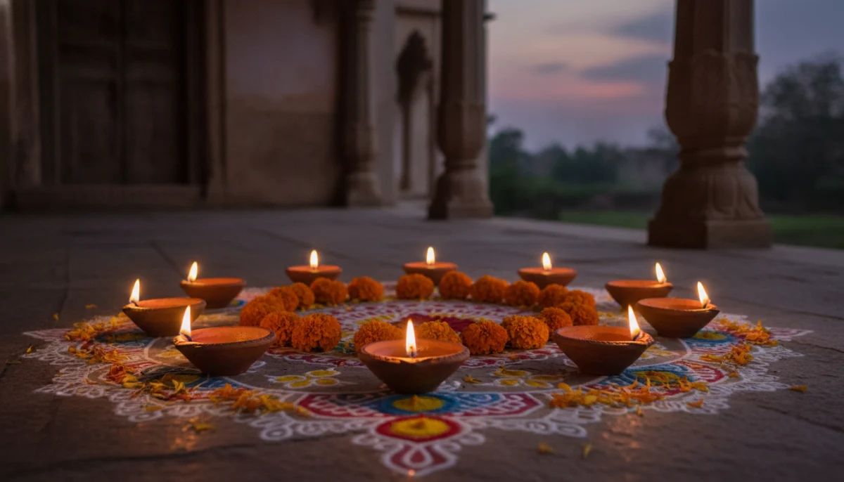 माझा आवडता सण निबंध संदर्भासाठी प्रज्वलित पणत्या आणि सुंदर रांगोळी