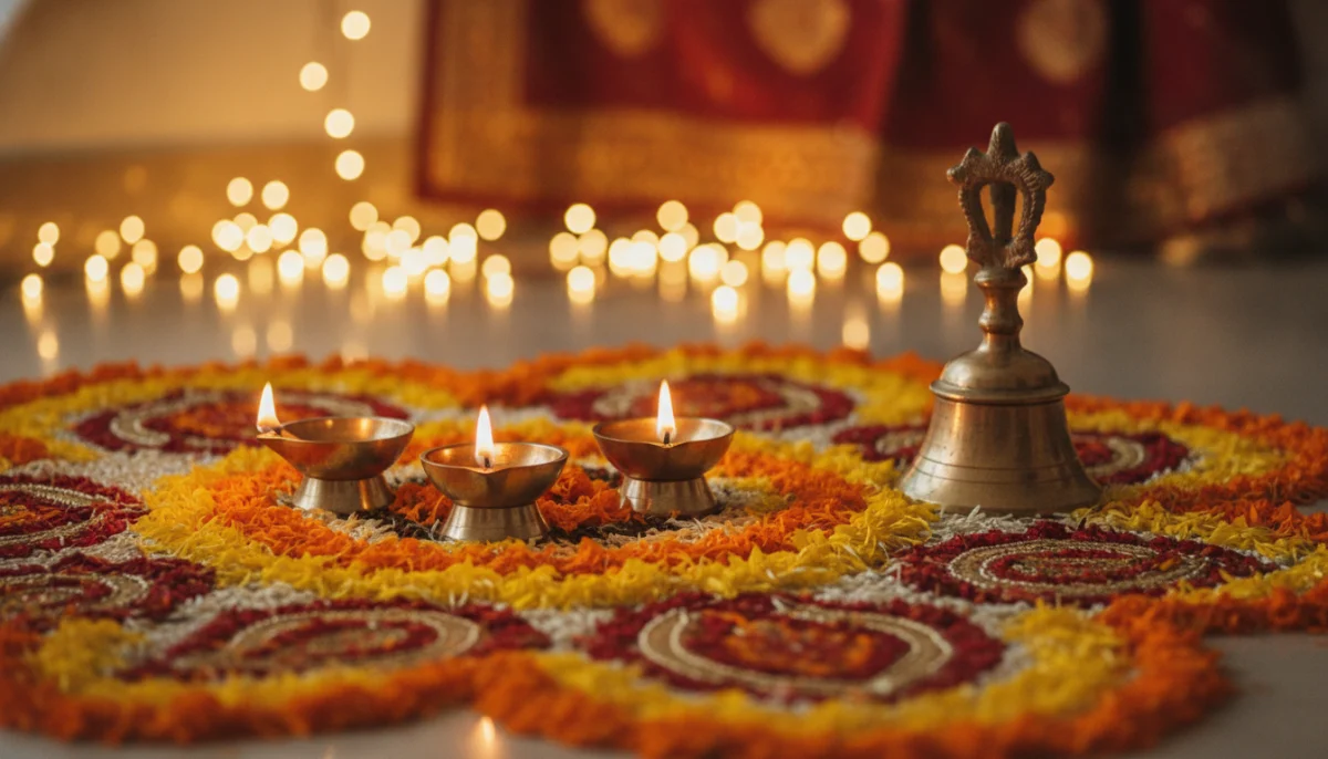 सण आणि उत्सव कविता दर्शवणारी सुंदर रांगोळी आणि तेवणारी पितळी समई
