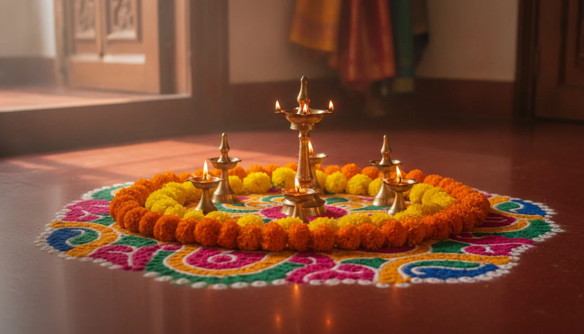 सण उत्सव कविता मराठी संदर्भात सुंदर दिवे आणि रांगोळीची पारंपारिक आरास
